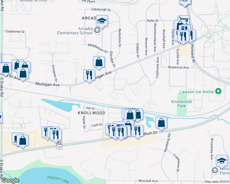 map of restaurants, bars, coffee shops, grocery stores, and more near 3651 Kenbrooke Court in Kalamazoo