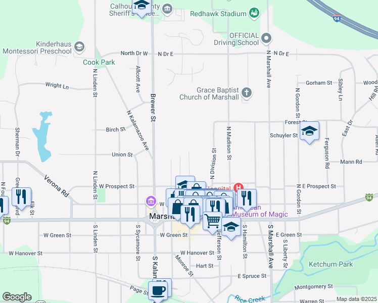 map of restaurants, bars, coffee shops, grocery stores, and more near 410 North Eagle Street in Marshall