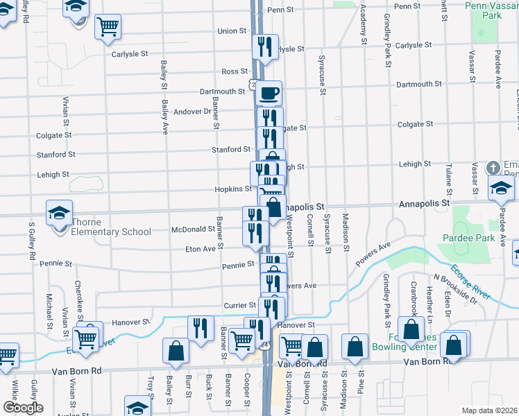 map of restaurants, bars, coffee shops, grocery stores, and more near S Telegraph Rd & Annapolis St in Dearborn Heights