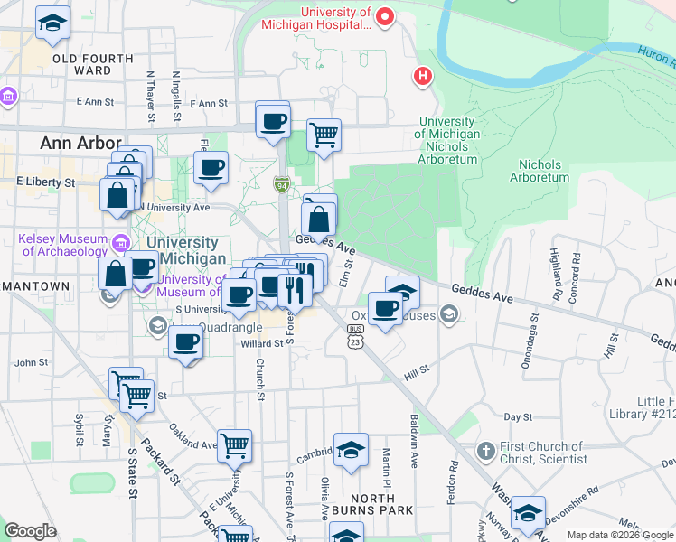 map of restaurants, bars, coffee shops, grocery stores, and more near 1352 Wilmot Court in Ann Arbor