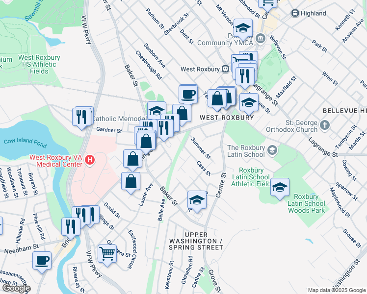 map of restaurants, bars, coffee shops, grocery stores, and more near 75 Powell Street in Boston