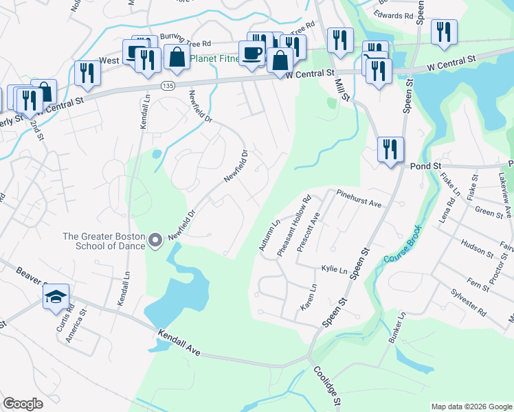 map of restaurants, bars, coffee shops, grocery stores, and more near 11 Post Oak Lane in Natick