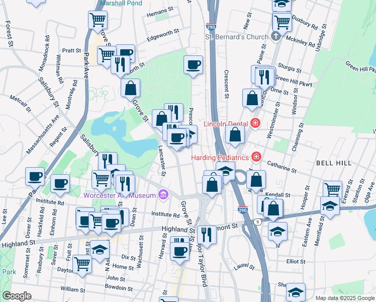 map of restaurants, bars, coffee shops, grocery stores, and more near 100 Grove Street in Worcester