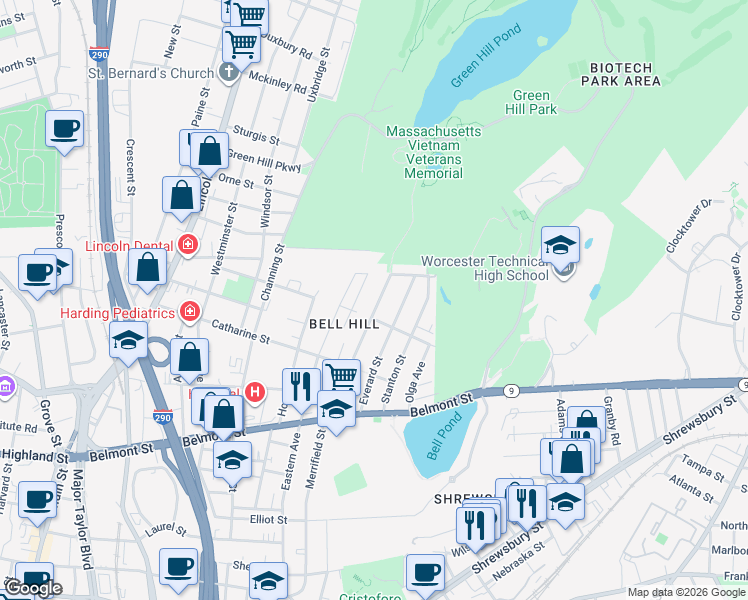 map of restaurants, bars, coffee shops, grocery stores, and more near 59 Everard Street in Worcester