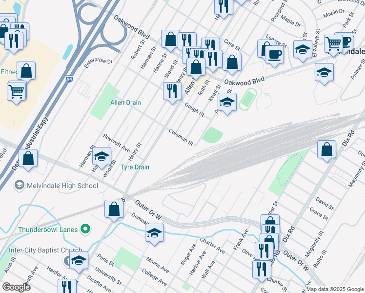 map of restaurants, bars, coffee shops, grocery stores, and more near 19180 Allen Road in Melvindale