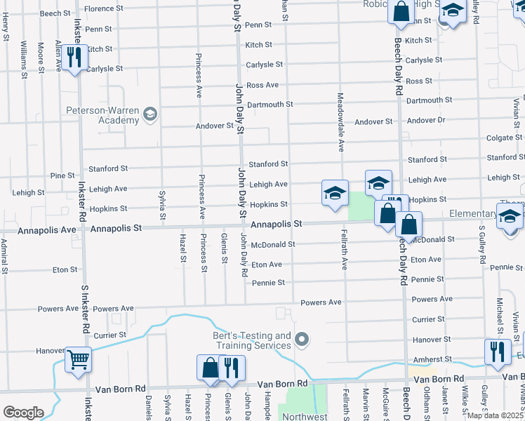 map of restaurants, bars, coffee shops, grocery stores, and more near 26439 Hopkins Avenue in Inkster