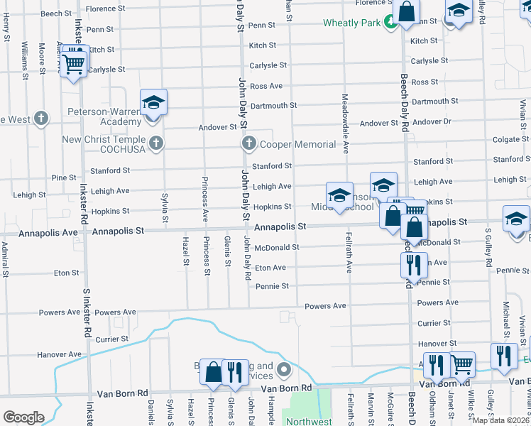map of restaurants, bars, coffee shops, grocery stores, and more near 26424 Annapolis Street in Inkster