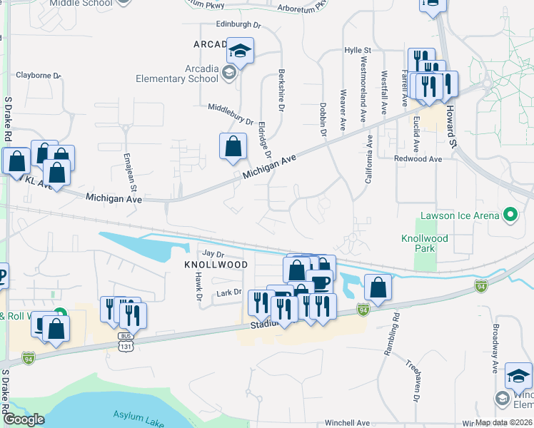 map of restaurants, bars, coffee shops, grocery stores, and more near 3445 Kenbrooke Court in Kalamazoo