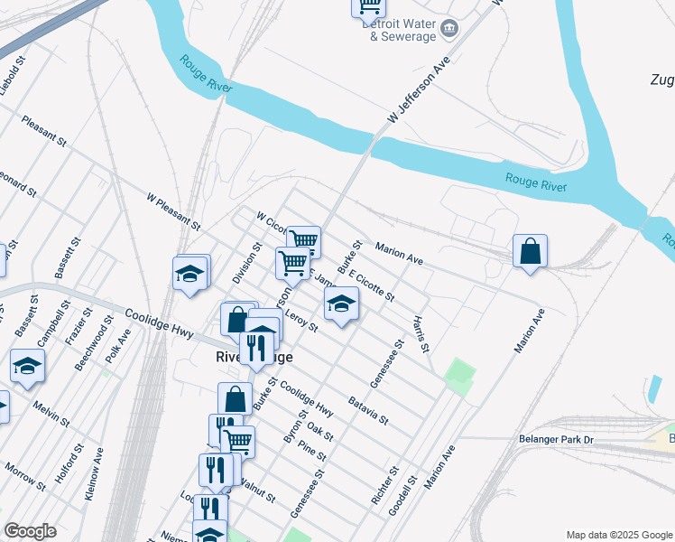 map of restaurants, bars, coffee shops, grocery stores, and more near 121 Burke Street in River Rouge