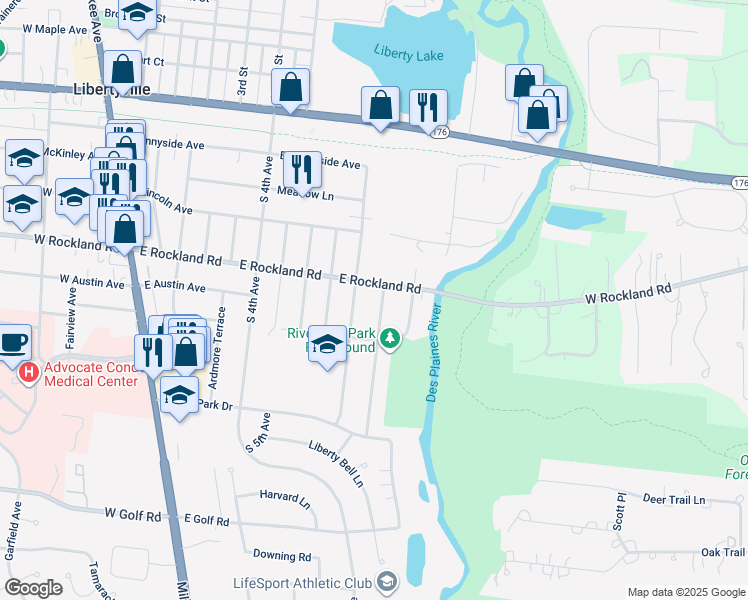 map of restaurants, bars, coffee shops, grocery stores, and more near 605 Kenwood Avenue in Libertyville