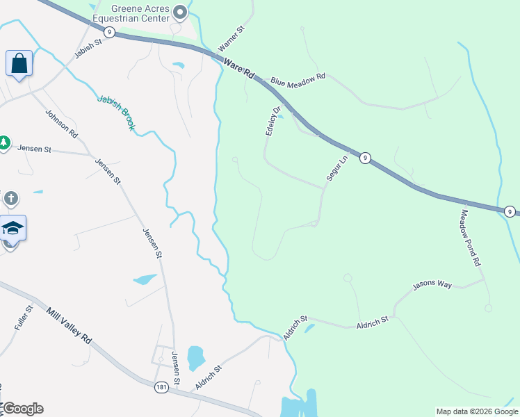 map of restaurants, bars, coffee shops, grocery stores, and more near Old Sawmill Road in Belchertown