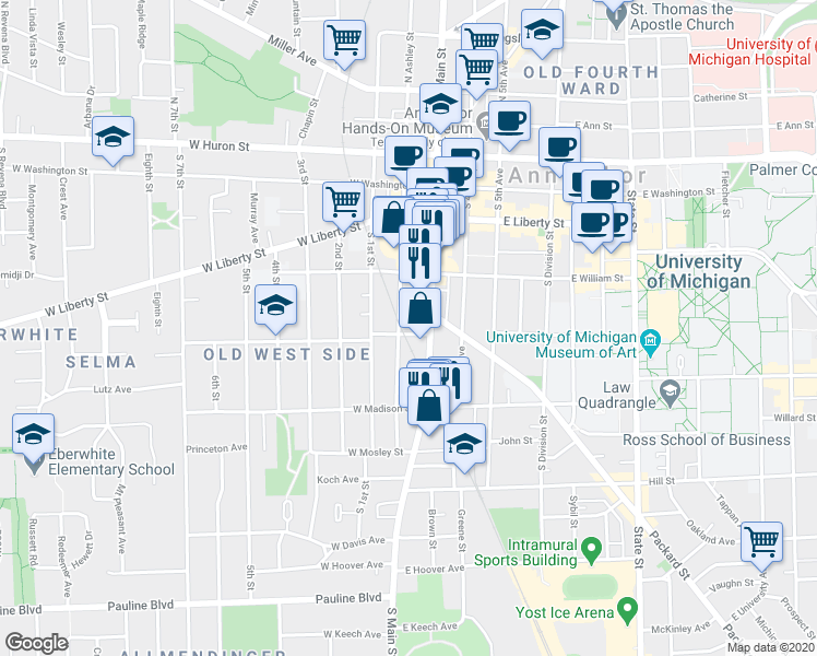map of restaurants, bars, coffee shops, grocery stores, and more near 116 West Jefferson Street in Ann Arbor