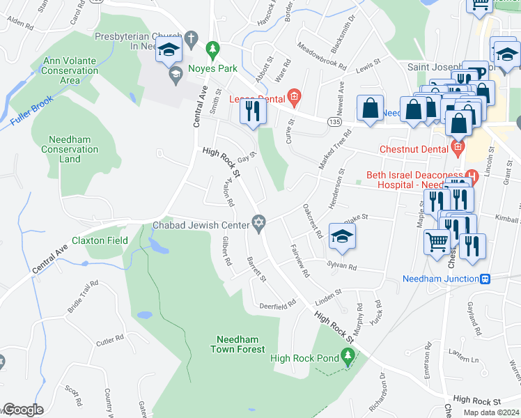 map of restaurants, bars, coffee shops, grocery stores, and more near 503 High Rock Street in Needham