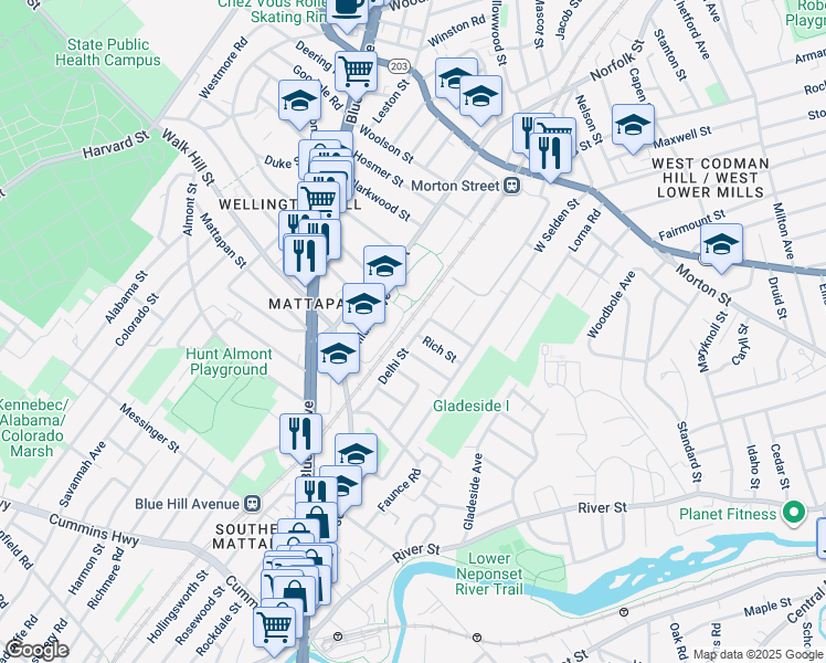 map of restaurants, bars, coffee shops, grocery stores, and more near 39 Halborn Street in Boston