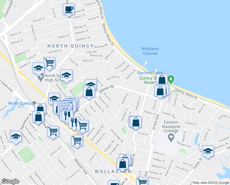 map of restaurants, bars, coffee shops, grocery stores, and more near 30 Royal Street in Quincy