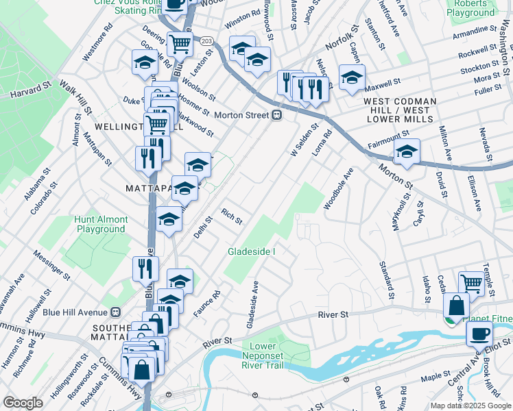 map of restaurants, bars, coffee shops, grocery stores, and more near 139 Lorna Road in Boston