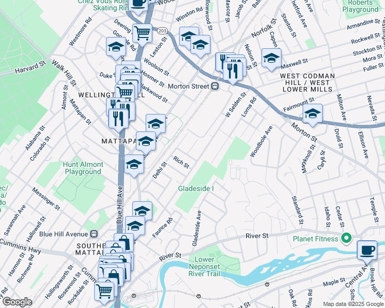 map of restaurants, bars, coffee shops, grocery stores, and more near 6 Woodale Avenue in Boston