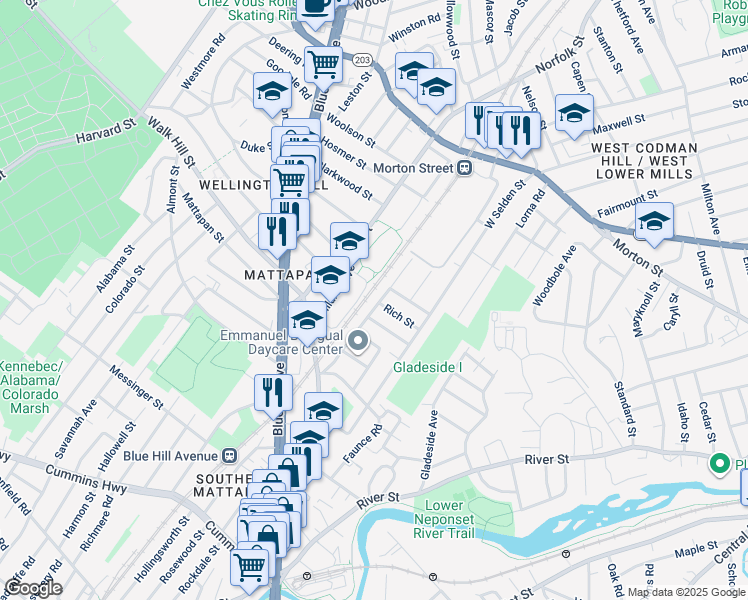 map of restaurants, bars, coffee shops, grocery stores, and more near 39 Halborn Street in Boston