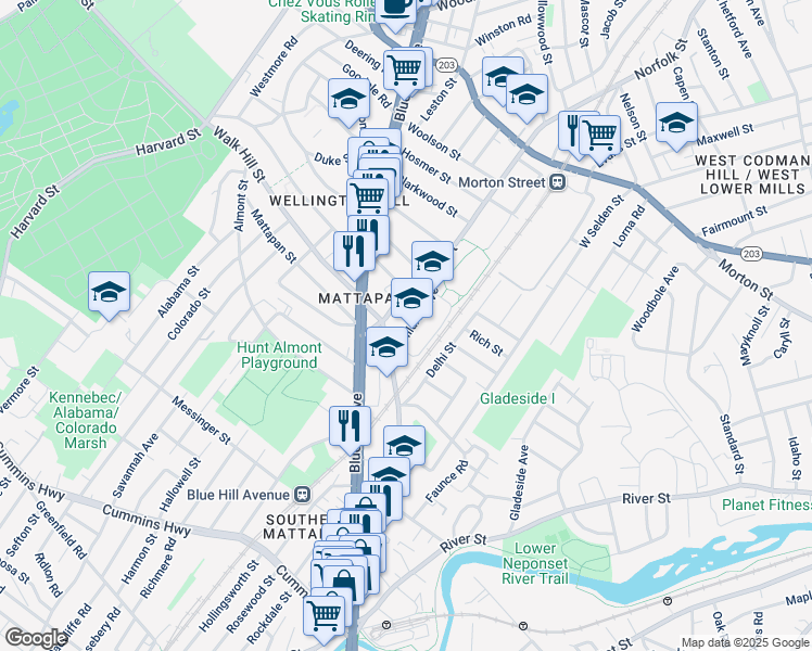 map of restaurants, bars, coffee shops, grocery stores, and more near 33-35 Mildred Avenue in Boston