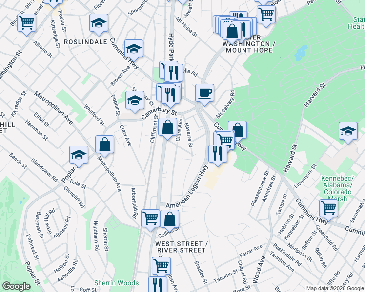 map of restaurants, bars, coffee shops, grocery stores, and more near 31 Ramsdell Avenue in Boston