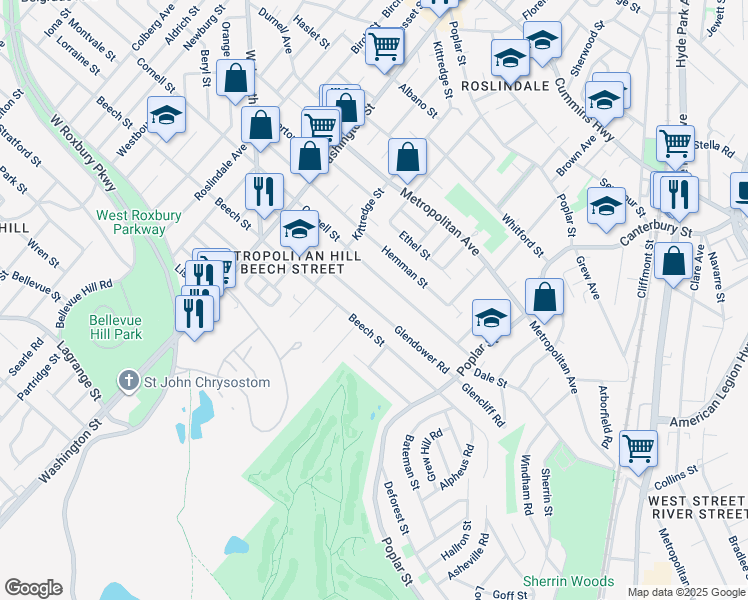 map of restaurants, bars, coffee shops, grocery stores, and more near 79 Glendower Road in Boston