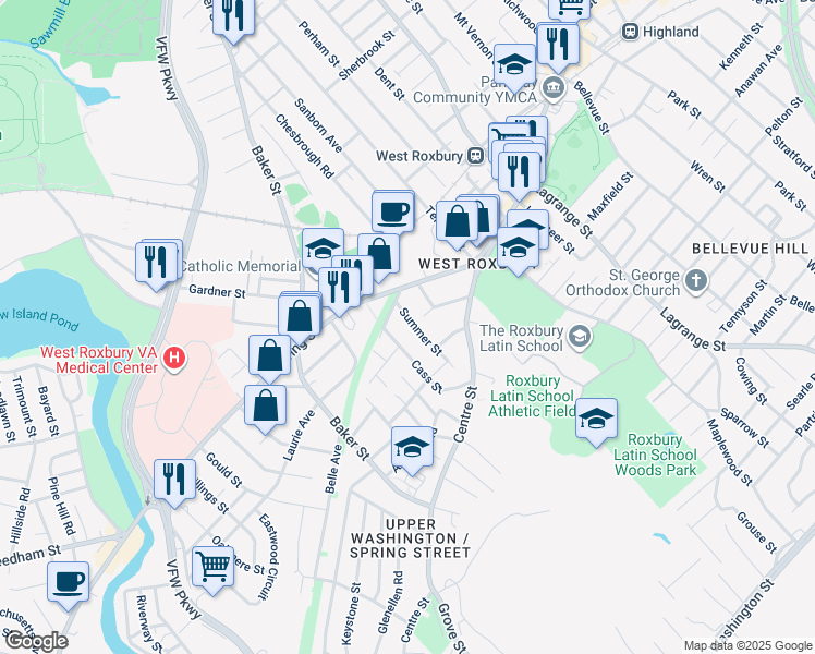 map of restaurants, bars, coffee shops, grocery stores, and more near 36 Cass Street in Boston