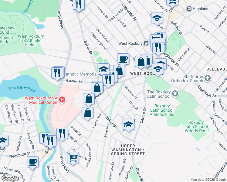 map of restaurants, bars, coffee shops, grocery stores, and more near 17 Cass Street in Boston