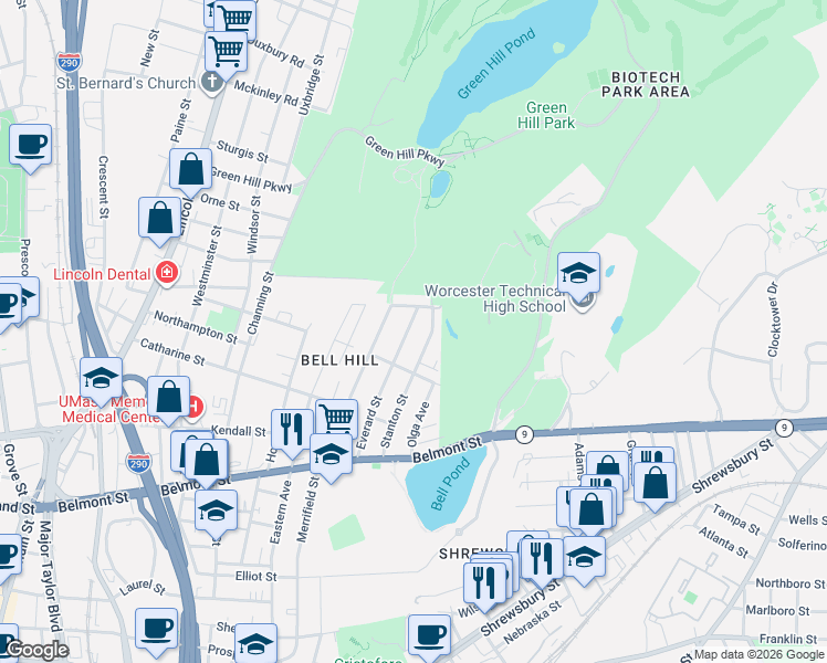 map of restaurants, bars, coffee shops, grocery stores, and more near 92 Stanton Street in Worcester