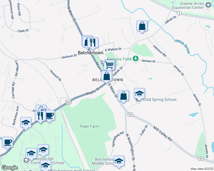 map of restaurants, bars, coffee shops, grocery stores, and more near 18-22 S Main St in Belchertown