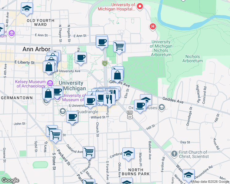 map of restaurants, bars, coffee shops, grocery stores, and more near 510 Mack Road in Ann Arbor