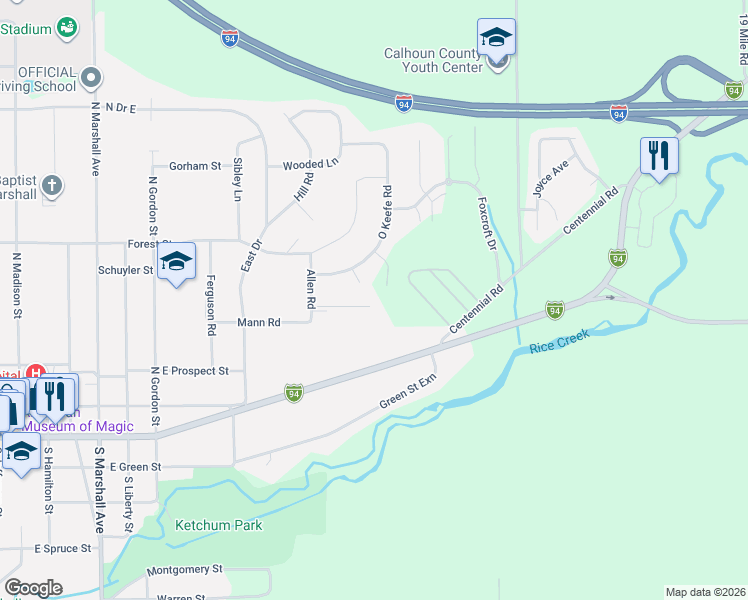map of restaurants, bars, coffee shops, grocery stores, and more near 1002 Mann in Marshall