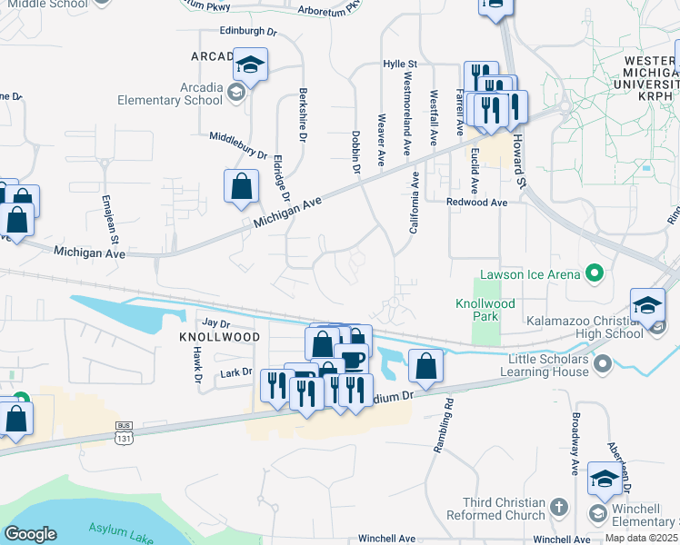 map of restaurants, bars, coffee shops, grocery stores, and more near 17 Michigamme Woods Drive in Kalamazoo
