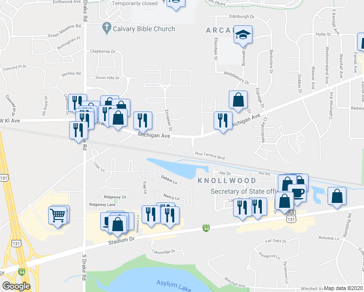 map of restaurants, bars, coffee shops, grocery stores, and more near 3920 Pine Terrace Boulevard in Kalamazoo