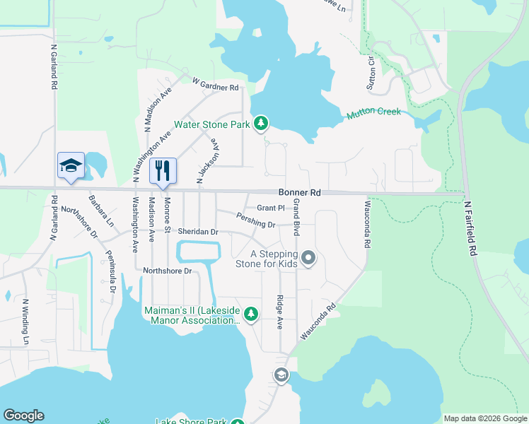 map of restaurants, bars, coffee shops, grocery stores, and more near 1012 Grant Place in Wauconda