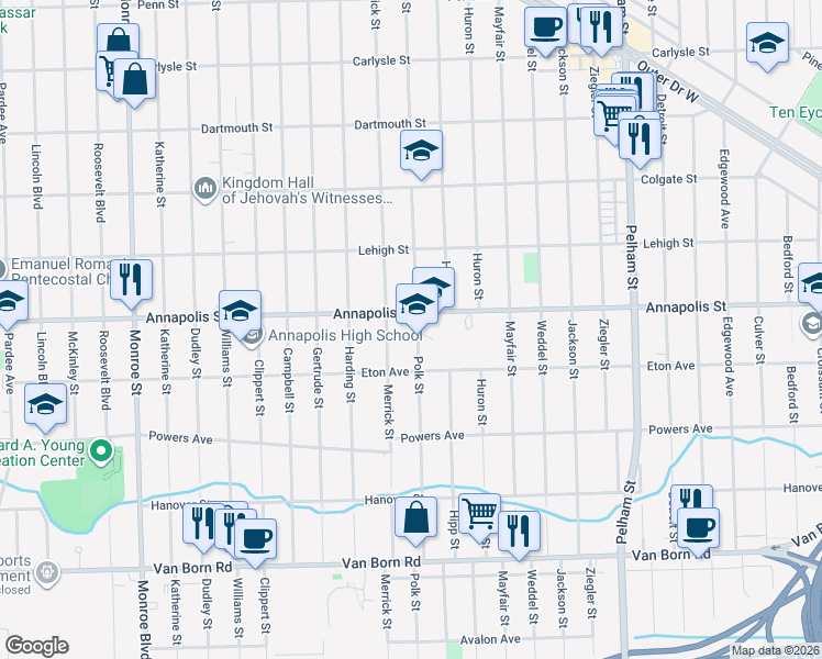 map of restaurants, bars, coffee shops, grocery stores, and more near 4630 Polk Street in Dearborn Heights