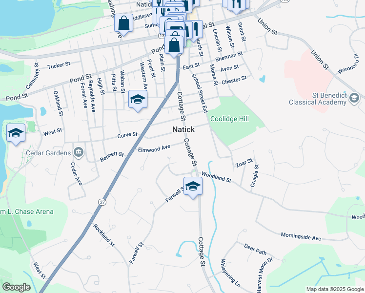 map of restaurants, bars, coffee shops, grocery stores, and more near 25 Hillcrest Avenue in Natick