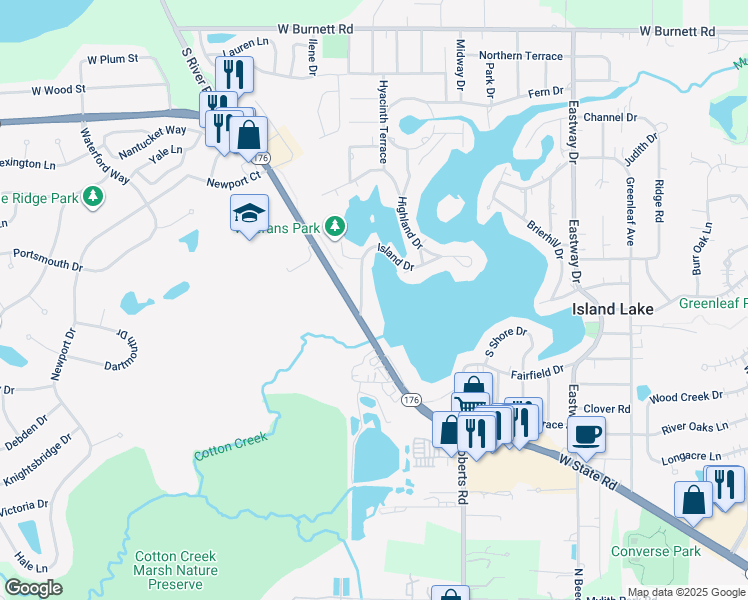 map of restaurants, bars, coffee shops, grocery stores, and more near in Island Lake