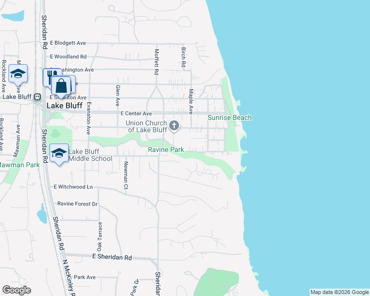 map of restaurants, bars, coffee shops, grocery stores, and more near 544 Ravine Avenue in Lake Bluff