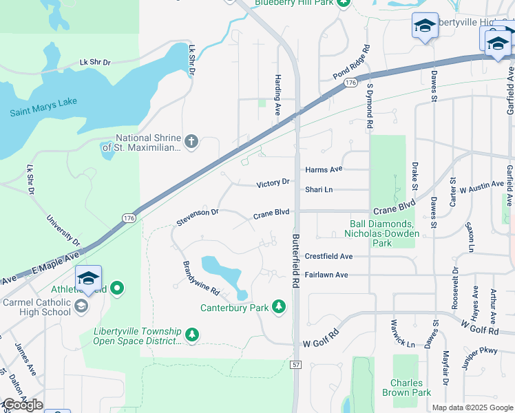 map of restaurants, bars, coffee shops, grocery stores, and more near 1247 Crane Boulevard in Libertyville