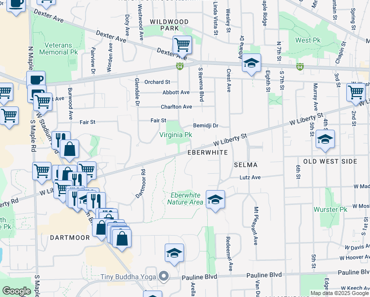 map of restaurants, bars, coffee shops, grocery stores, and more near 1484 West Liberty Street in Ann Arbor