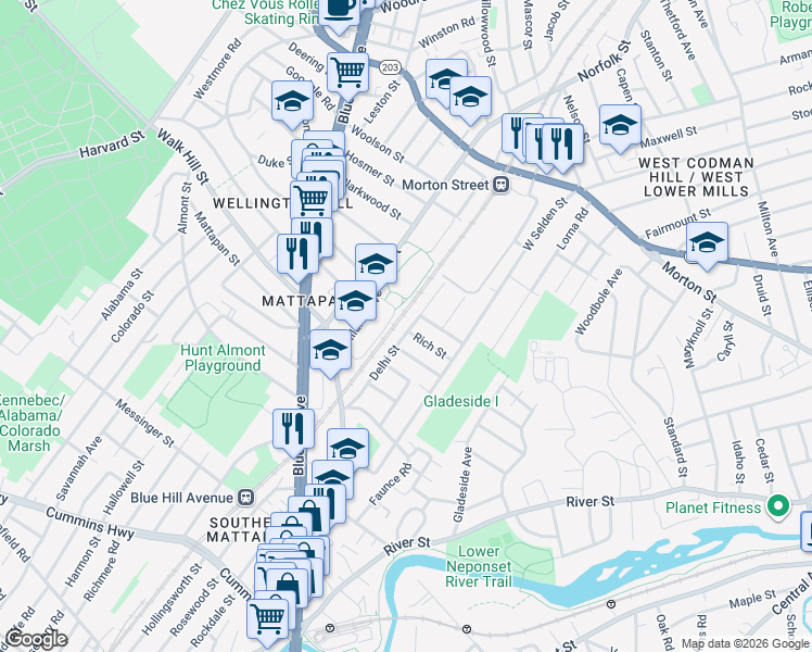 map of restaurants, bars, coffee shops, grocery stores, and more near 157 Delhi Street in Boston
