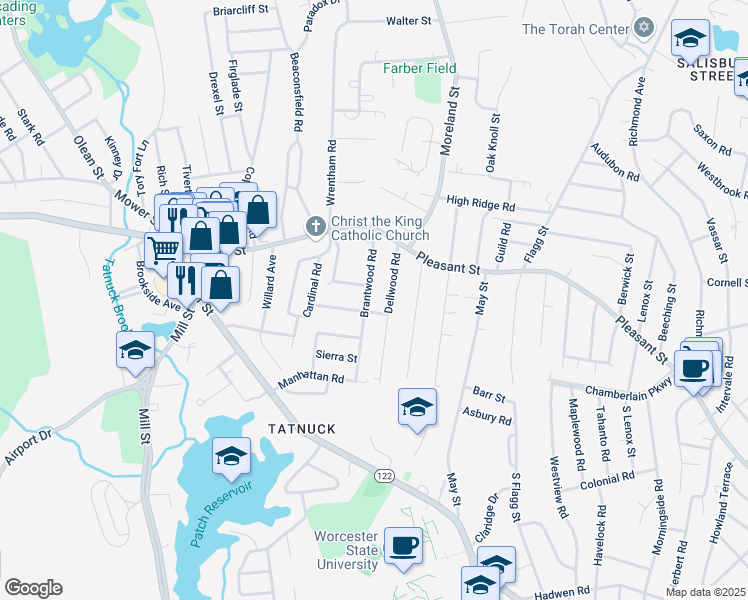 map of restaurants, bars, coffee shops, grocery stores, and more near 59 Brantwood Road in Worcester