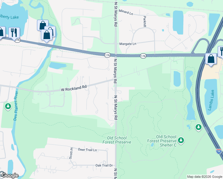map of restaurants, bars, coffee shops, grocery stores, and more near 381 South Saint Marys Road in Libertyville