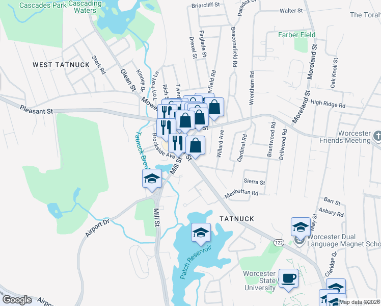 map of restaurants, bars, coffee shops, grocery stores, and more near 621 Chandler Street in Worcester