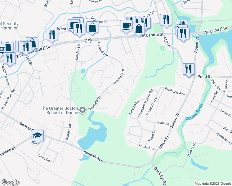 map of restaurants, bars, coffee shops, grocery stores, and more near 11 Walden Drive in Natick