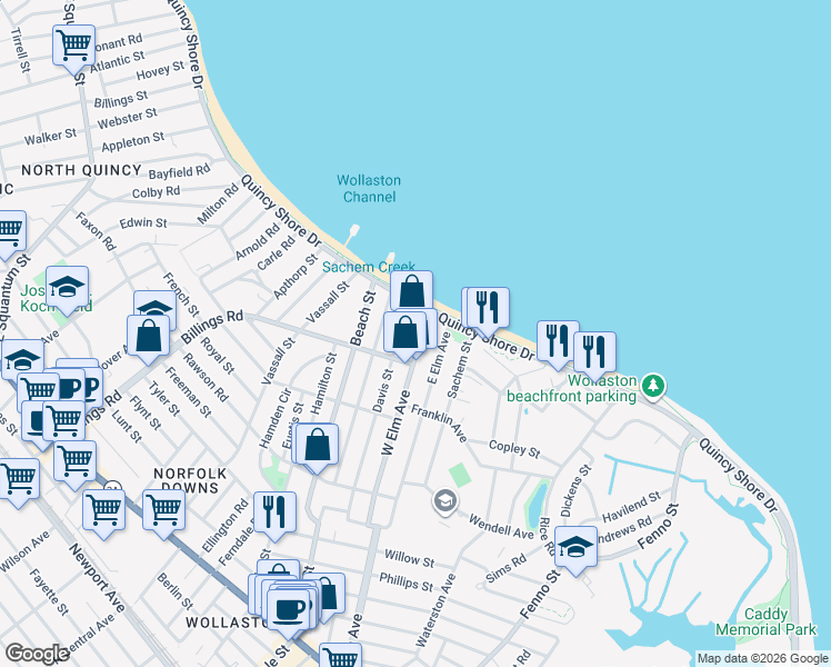 map of restaurants, bars, coffee shops, grocery stores, and more near 153 West Elm Avenue in Quincy