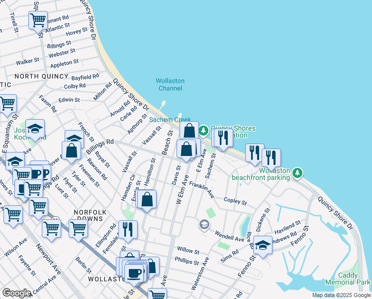 map of restaurants, bars, coffee shops, grocery stores, and more near 153 West Elm Avenue in Quincy