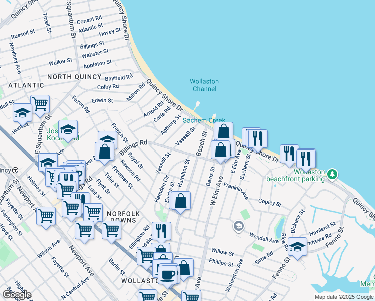 map of restaurants, bars, coffee shops, grocery stores, and more near 307 Billings Road in Quincy