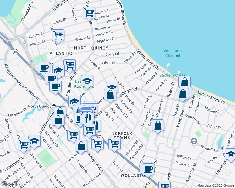 map of restaurants, bars, coffee shops, grocery stores, and more near 167 Billings Road in Quincy