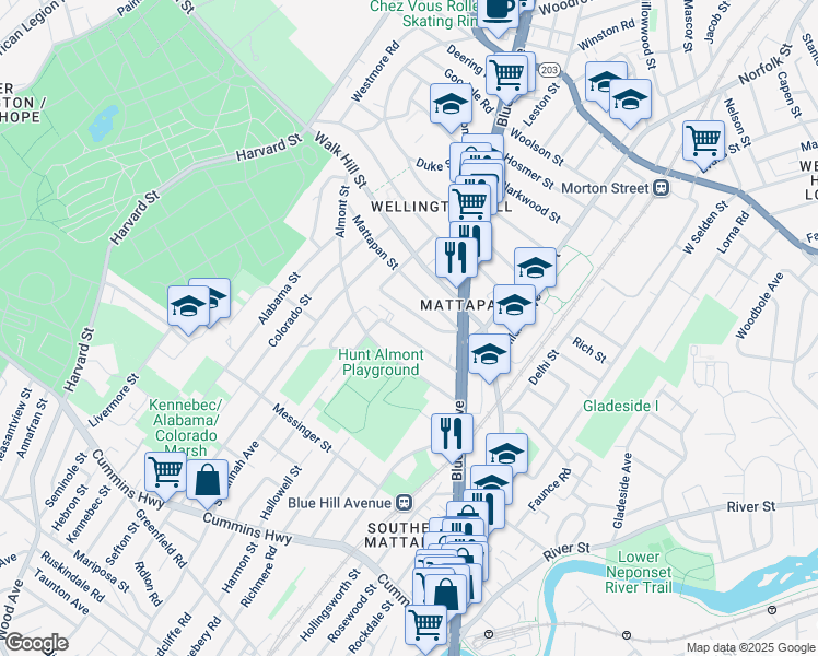 map of restaurants, bars, coffee shops, grocery stores, and more near 36 Tennis Road in Boston